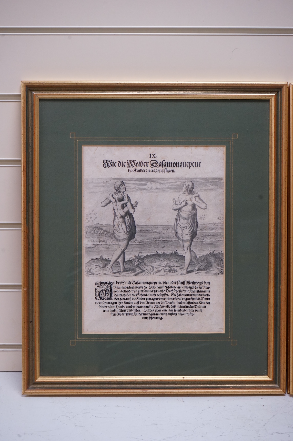 After Theodor De Bry (1528-1598), engraved by J.Veen, two Americana engraved bookplates comprising ‘How the women carry their children’ and ‘How they cook fish over flame', each 28 x 21.5cm